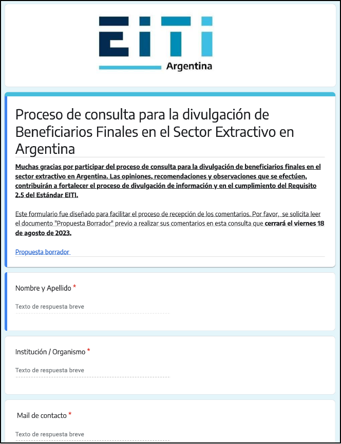 Proceso de consulta para la divulgación de beneficiarios finales en el sector extractivo en Argentina